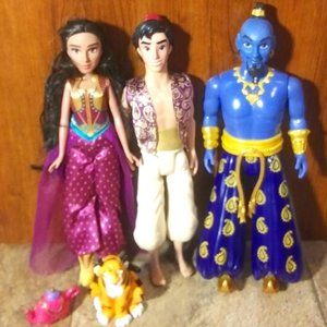 Jasmine, Aladdin and Genie dolls with pet tiger and elephant teapot